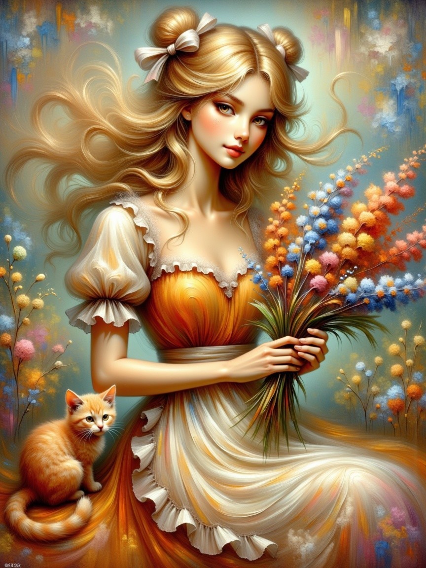 Young woman with flowers and ginger cat in soft hues