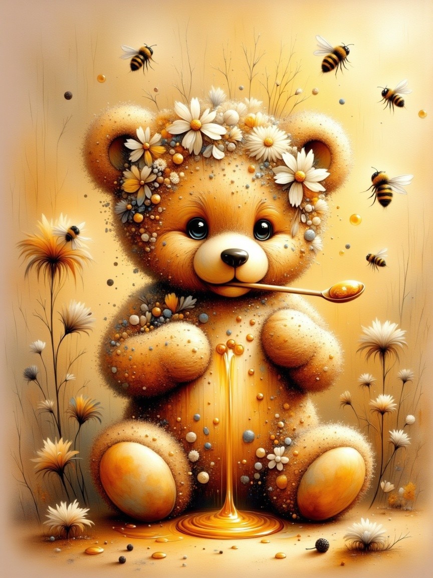 Whimsical Teddy Bear in Golden Landscape with Flowers