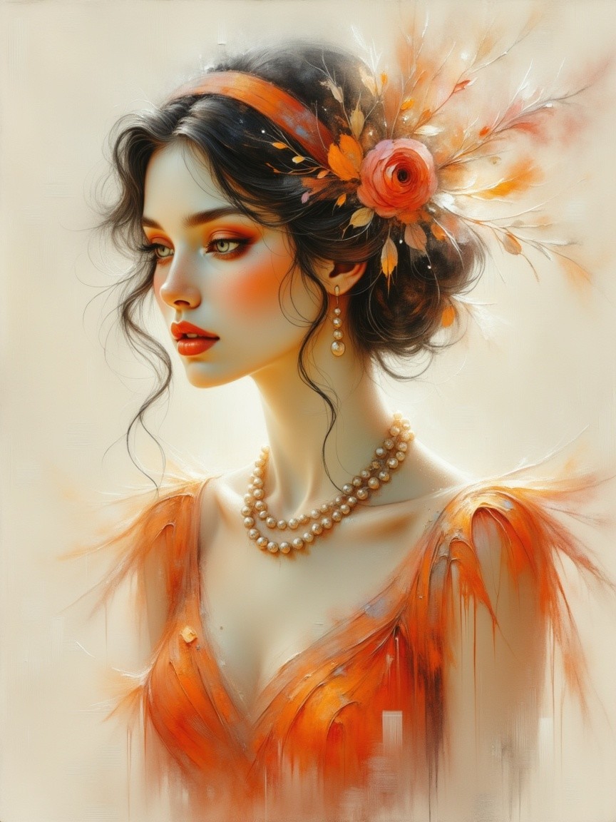 Elegant Woman in Orange Dress with Feather Details