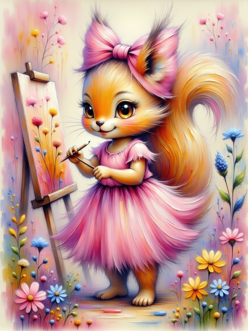 Cartoon Squirrel Painting Flowers on an Easel