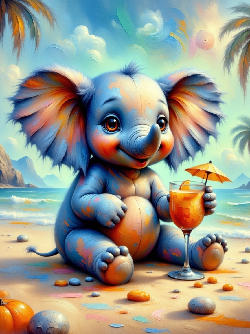 Cartoon Elephant on Beach with Colorful Drink