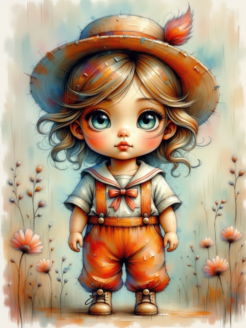 Cartoon Character in Colorful Overalls Surrounded by Flowers