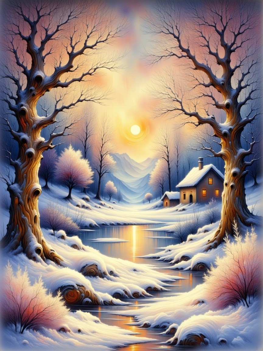Tranquil Winter Landscape with River and Cottage