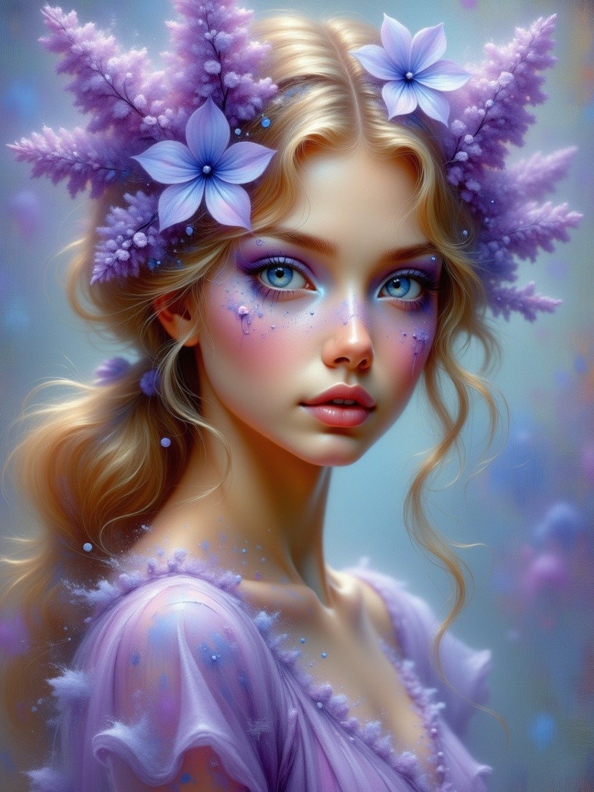 Young woman with blonde hair and purple flowers