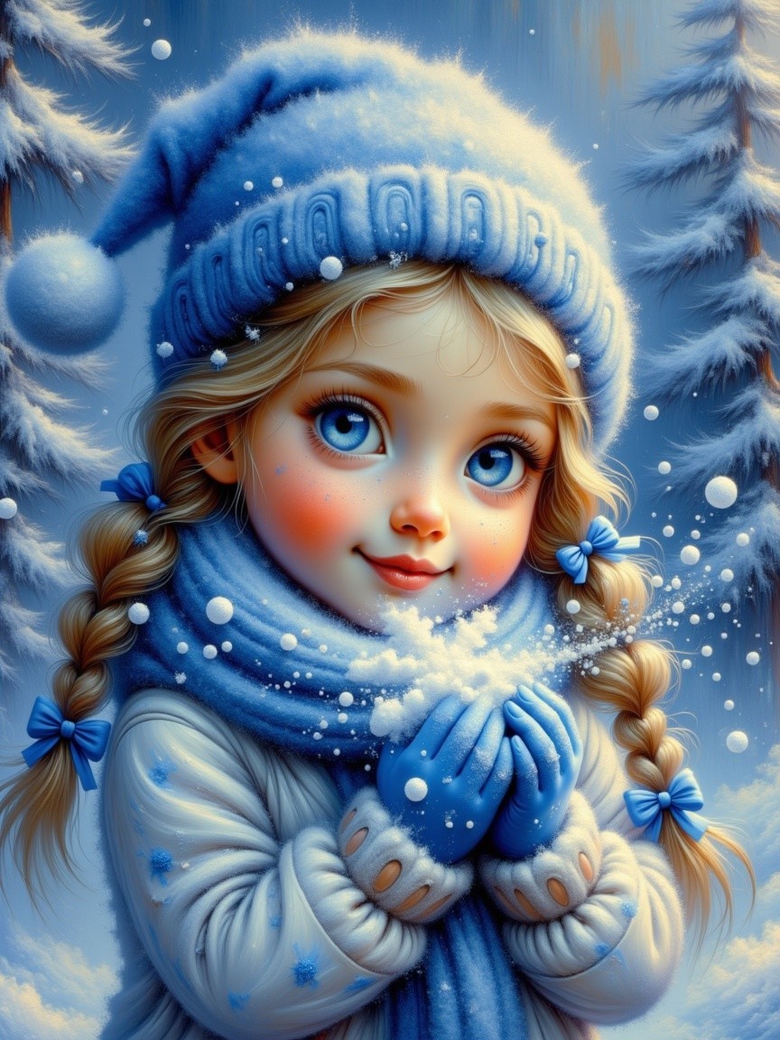 Cheerful girl in snowy landscape with frosty trees