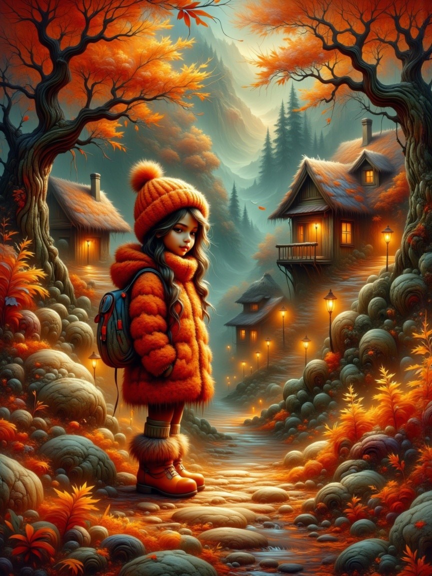 Young girl on a winding path in autumn landscape
