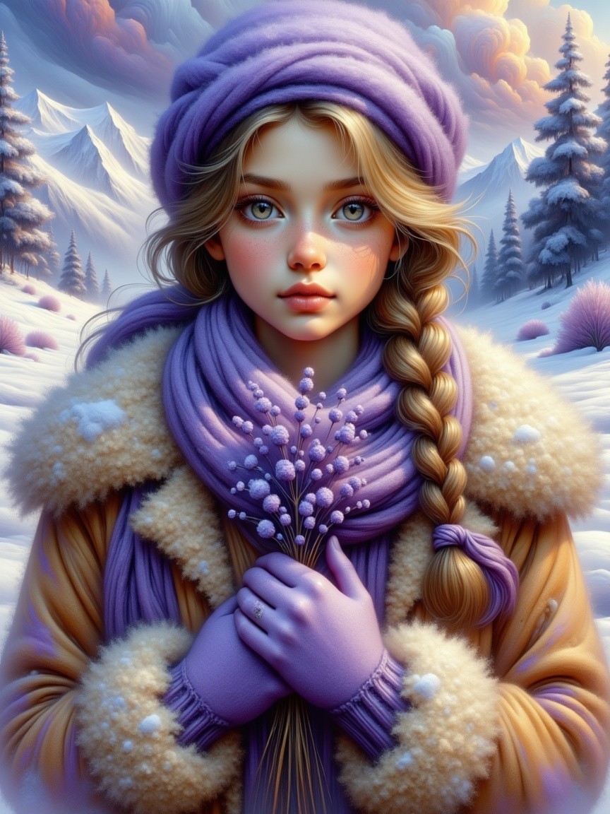 Young Girl in Winter Landscape with Flowers and Mountains