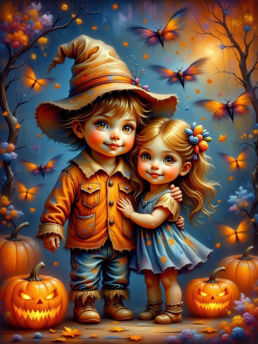 Whimsical Autumn Scene with Children and Pumpkins