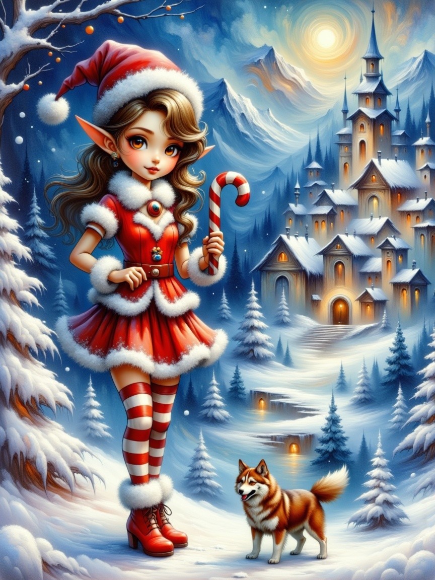 Elf Girl in Festive Dress in Snowy Landscape