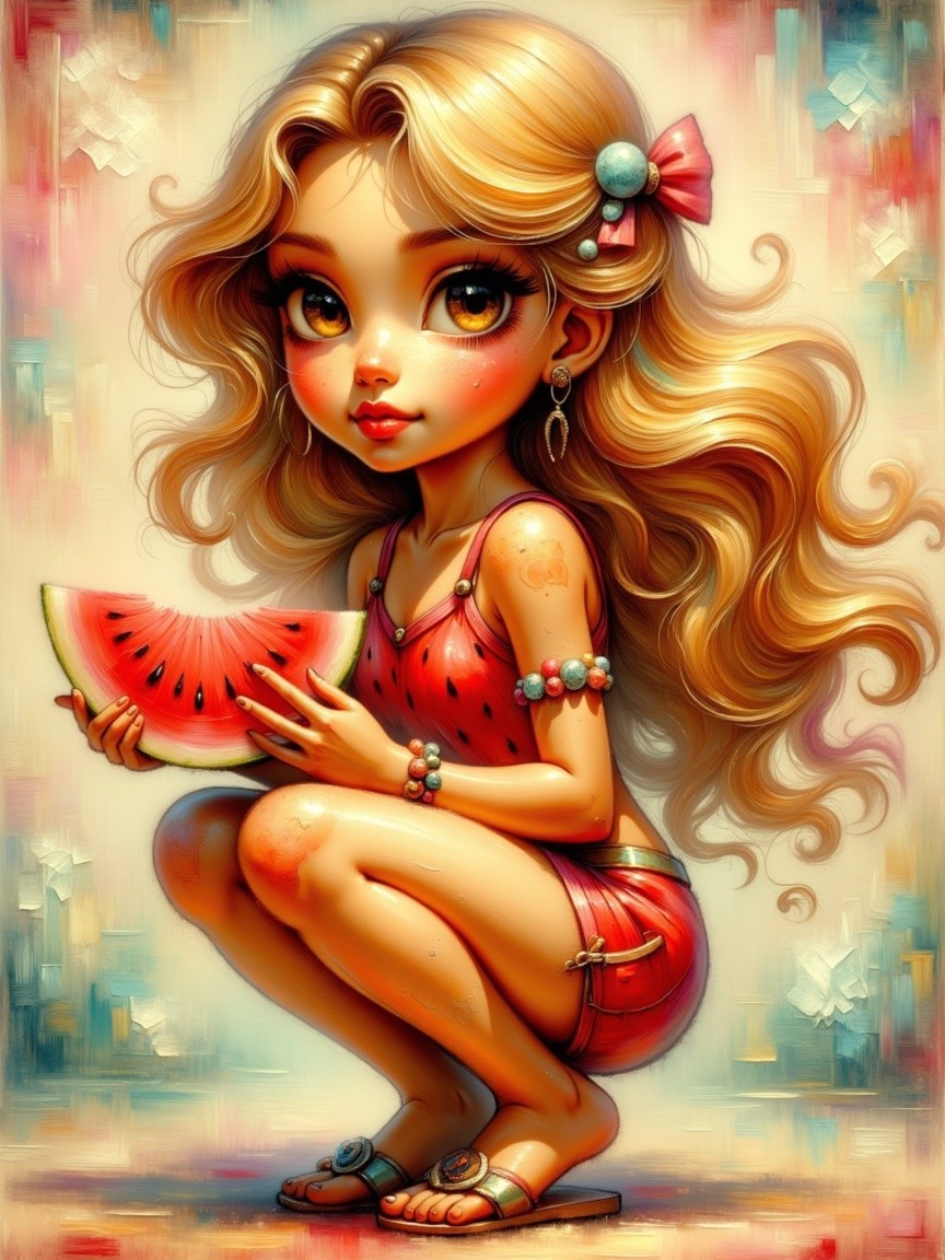 Cheerful girl with watermelon in vibrant summer setting