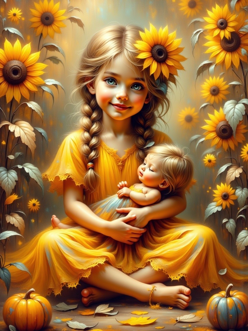 Digital painting of a girl in a yellow dress with sunflowers
