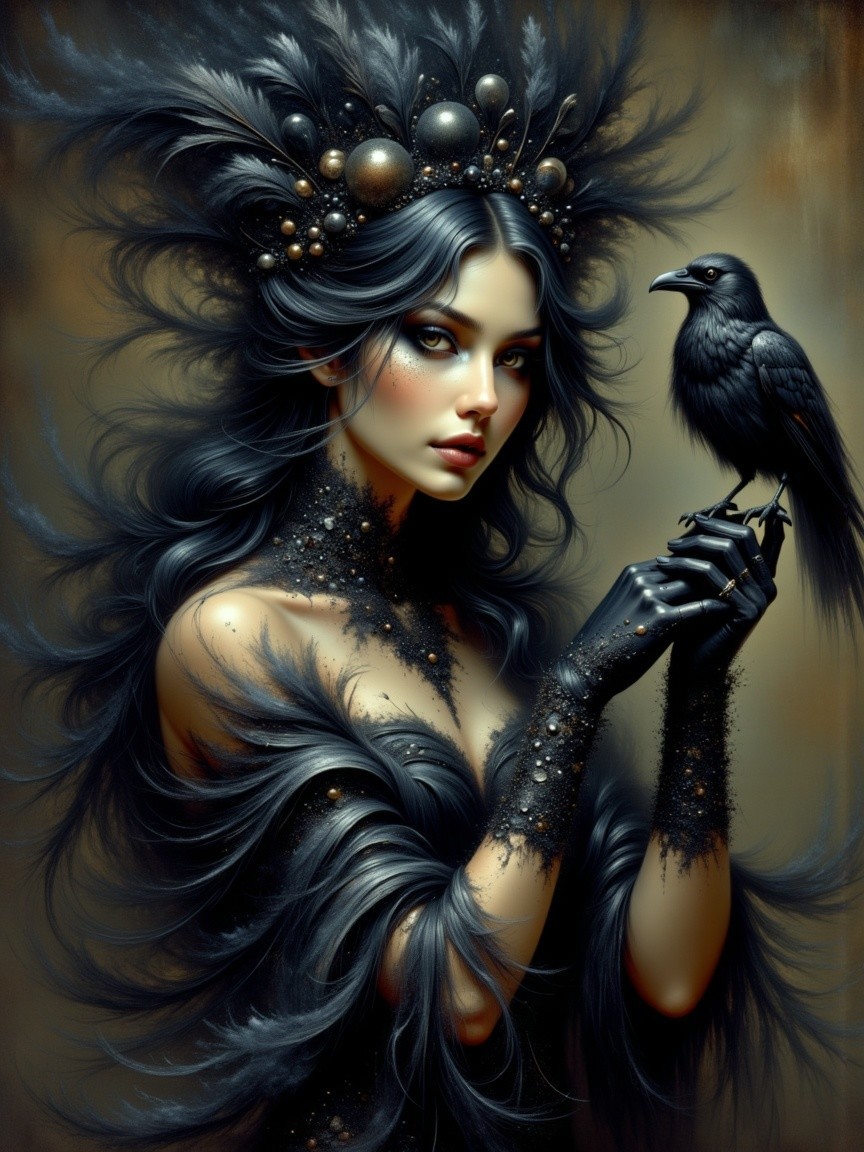 Elegant Figure in Black Feathers with a Raven