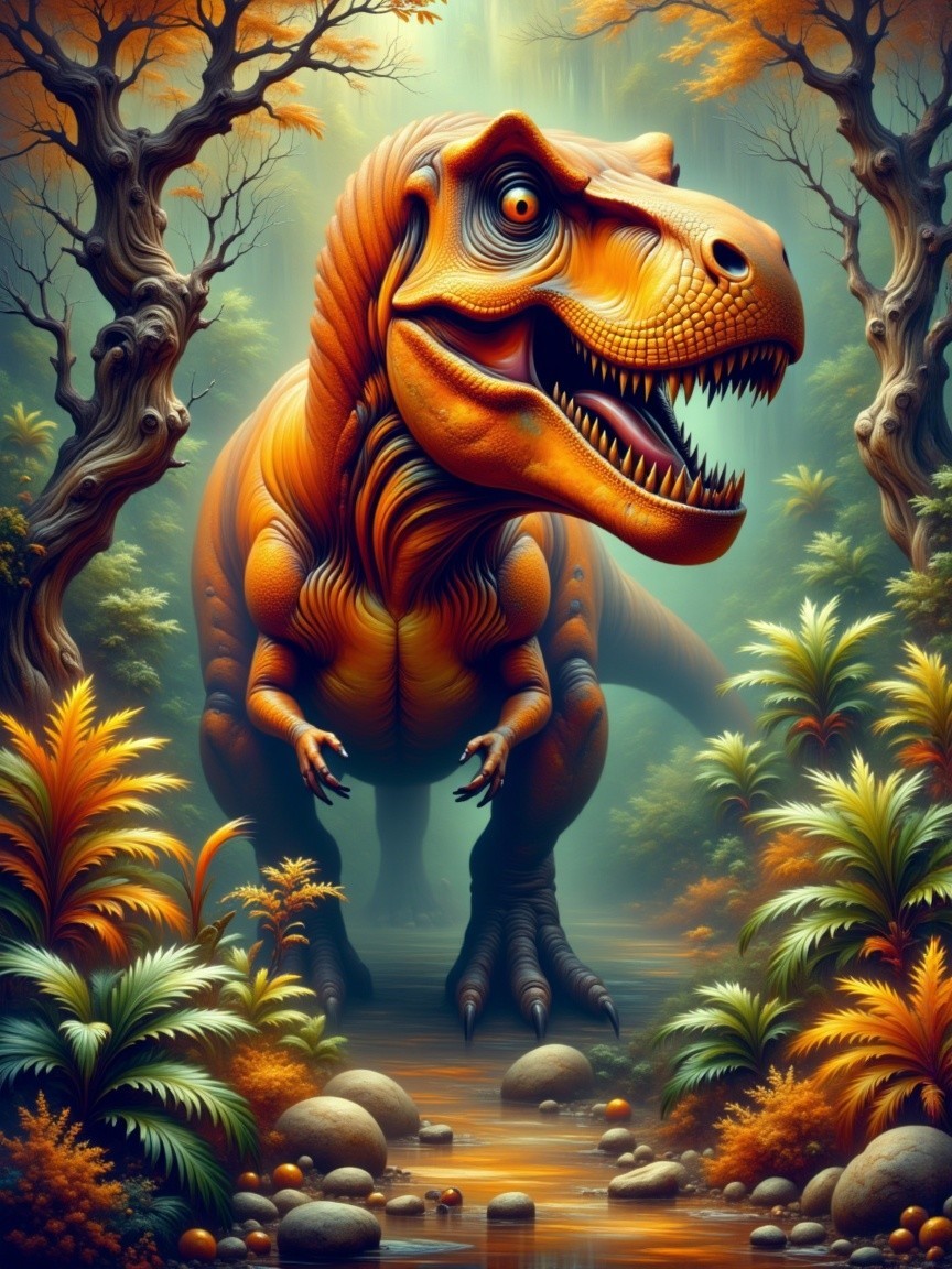 Vivid Scene of a Tyrannosaurus Rex in Autumn Forest