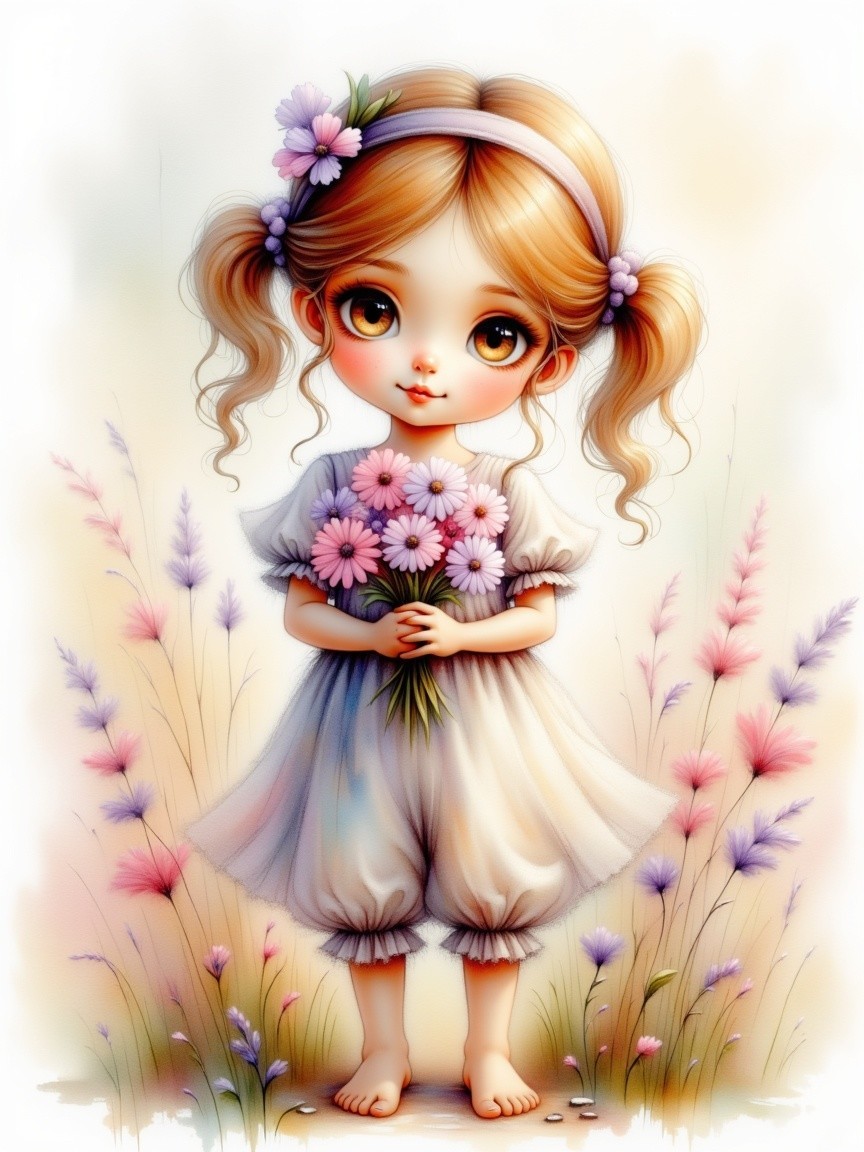 Charming Girl in Field of Pastel Flowers and Daisies