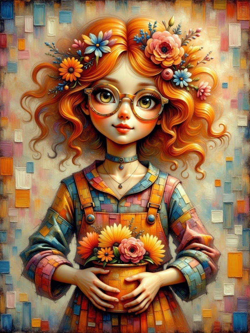 Whimsical Girl with Red Hair and Colorful Flowers