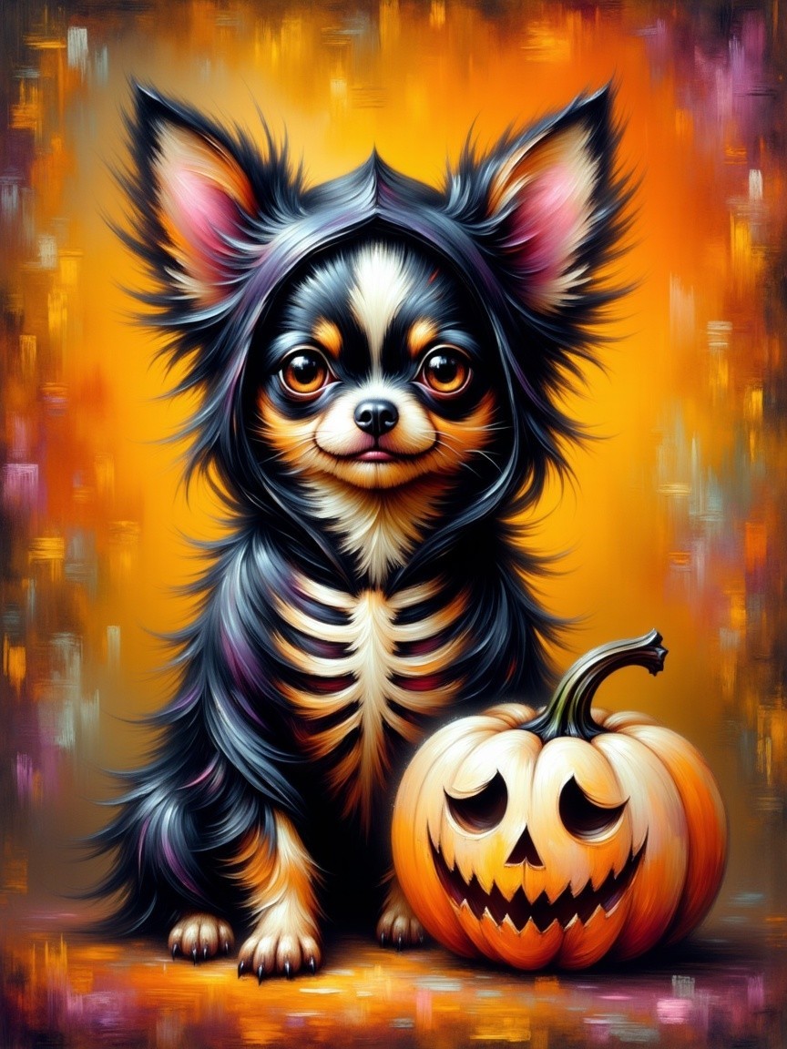 Chihuahua in Skeleton Coat Beside Jack-o'-Lantern