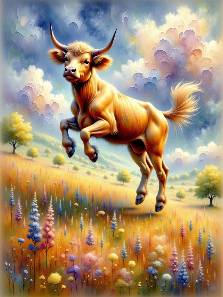 Vibrant Whimsical Landscape with Golden Cow and Flowers