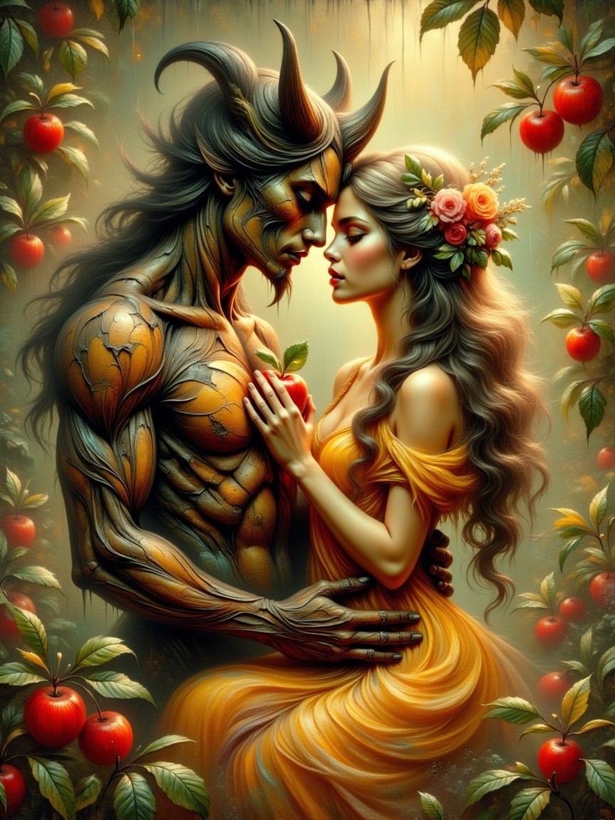 Horned Figure Embracing Woman in Enchanting Setting