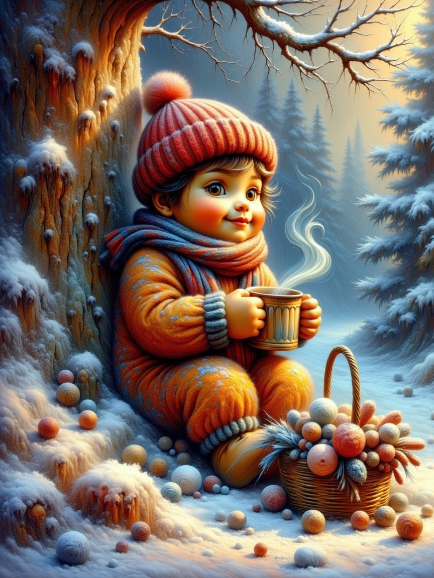 Cozy Winter Scene with Child, Snow, and Fruits