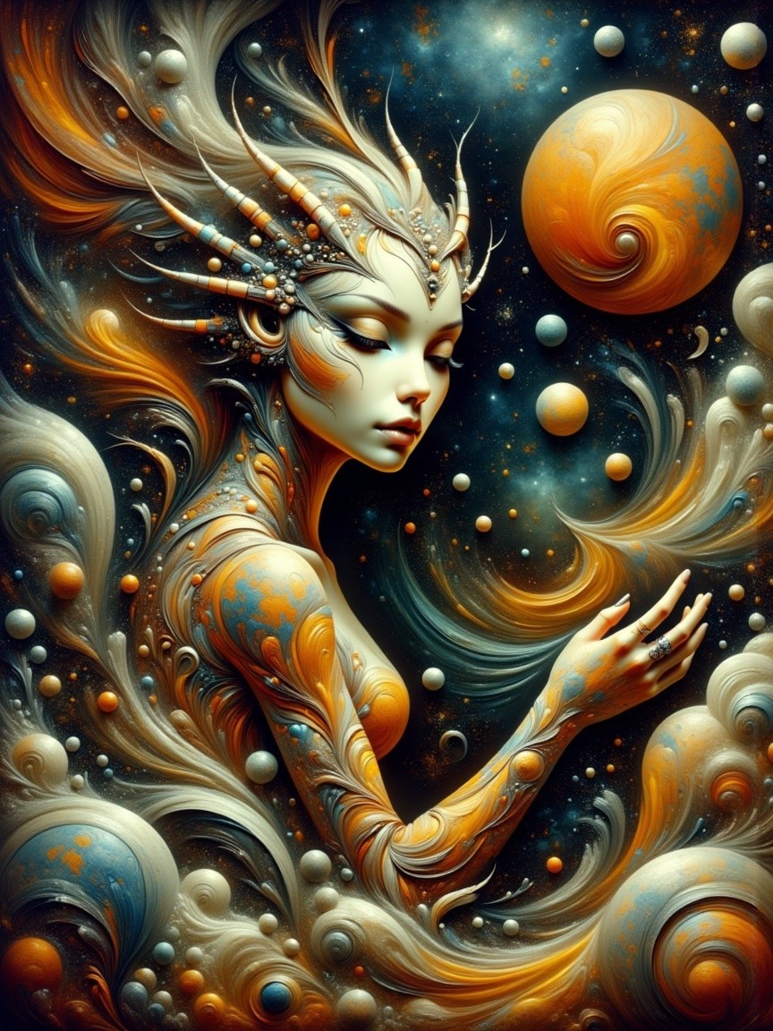 Cosmic Figure Surrounded by Celestial Elements