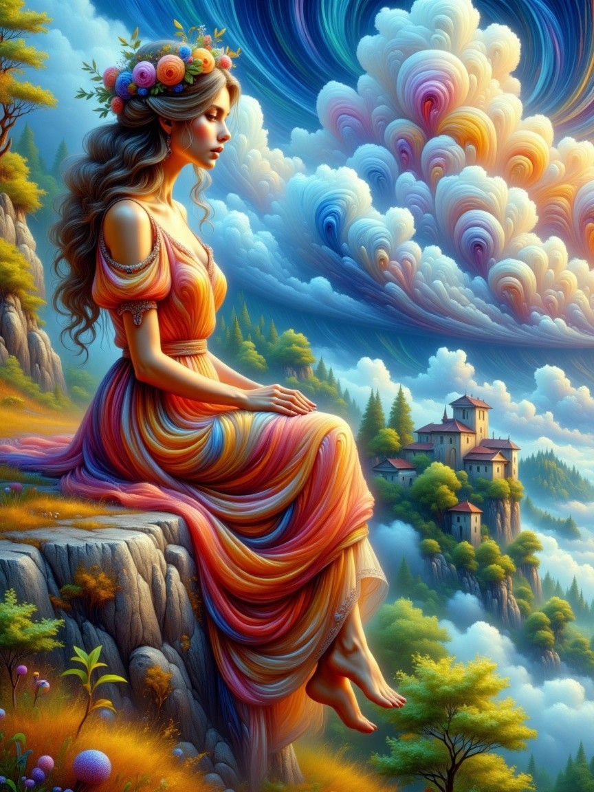 Serene Woman in Colorful Dress Overlooking Village