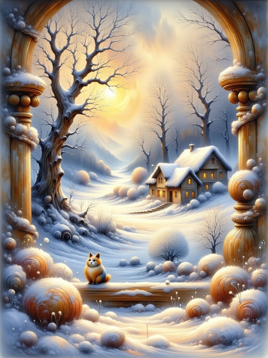 Serene Winter Landscape with Cottage and Fox