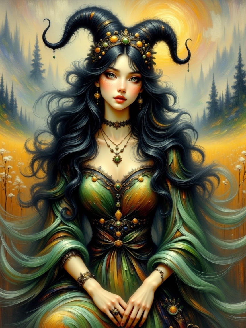 Regal figure in ornate gown with horned crown