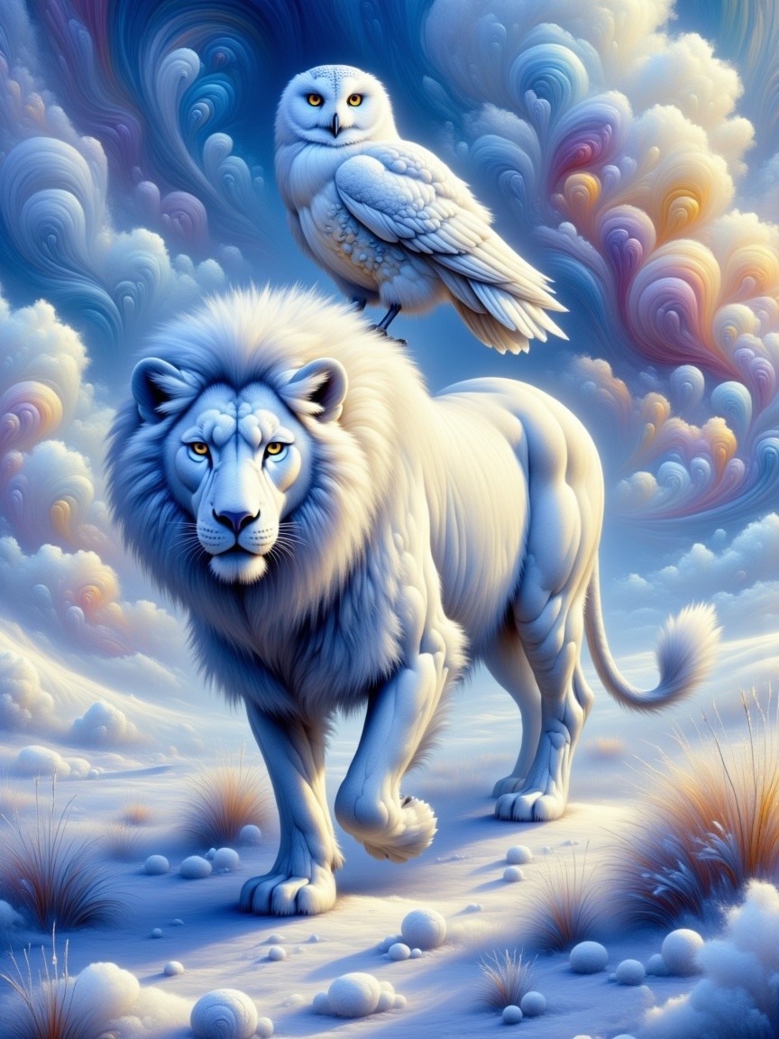 White Lion and Owl in a Snowy Dreamlike Landscape