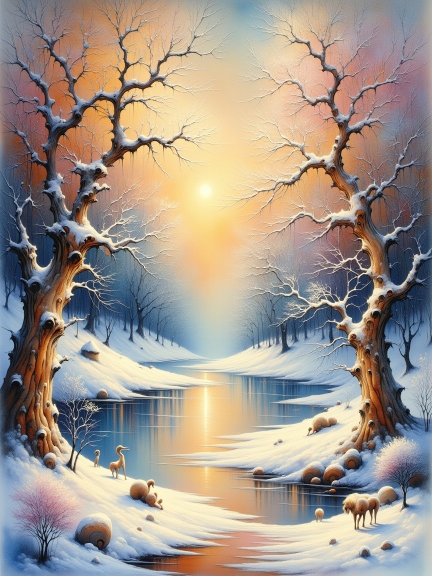 Tranquil Winter Landscape with Trees and River
