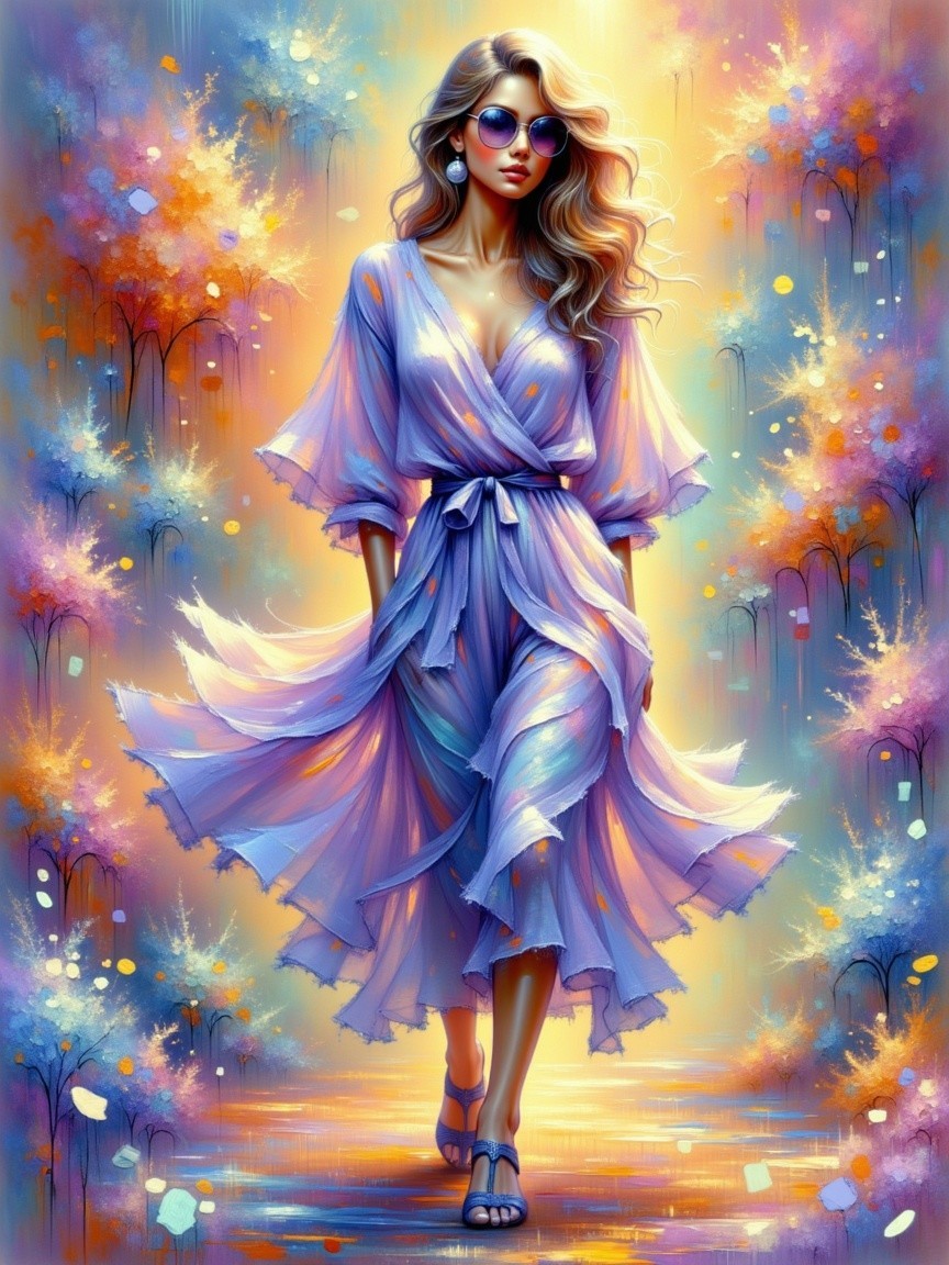 Full-body oil painting of a woman in lavender dress