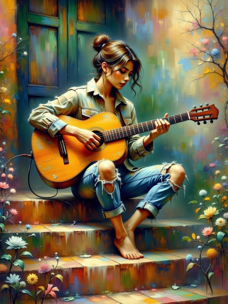Young Woman Playing Guitar on Colorful Steps