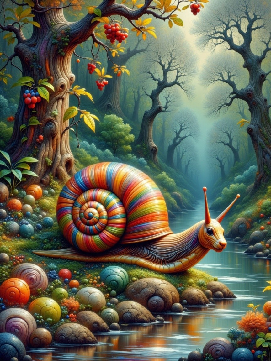 Colorful Snail by a Serene Riverbank Landscape