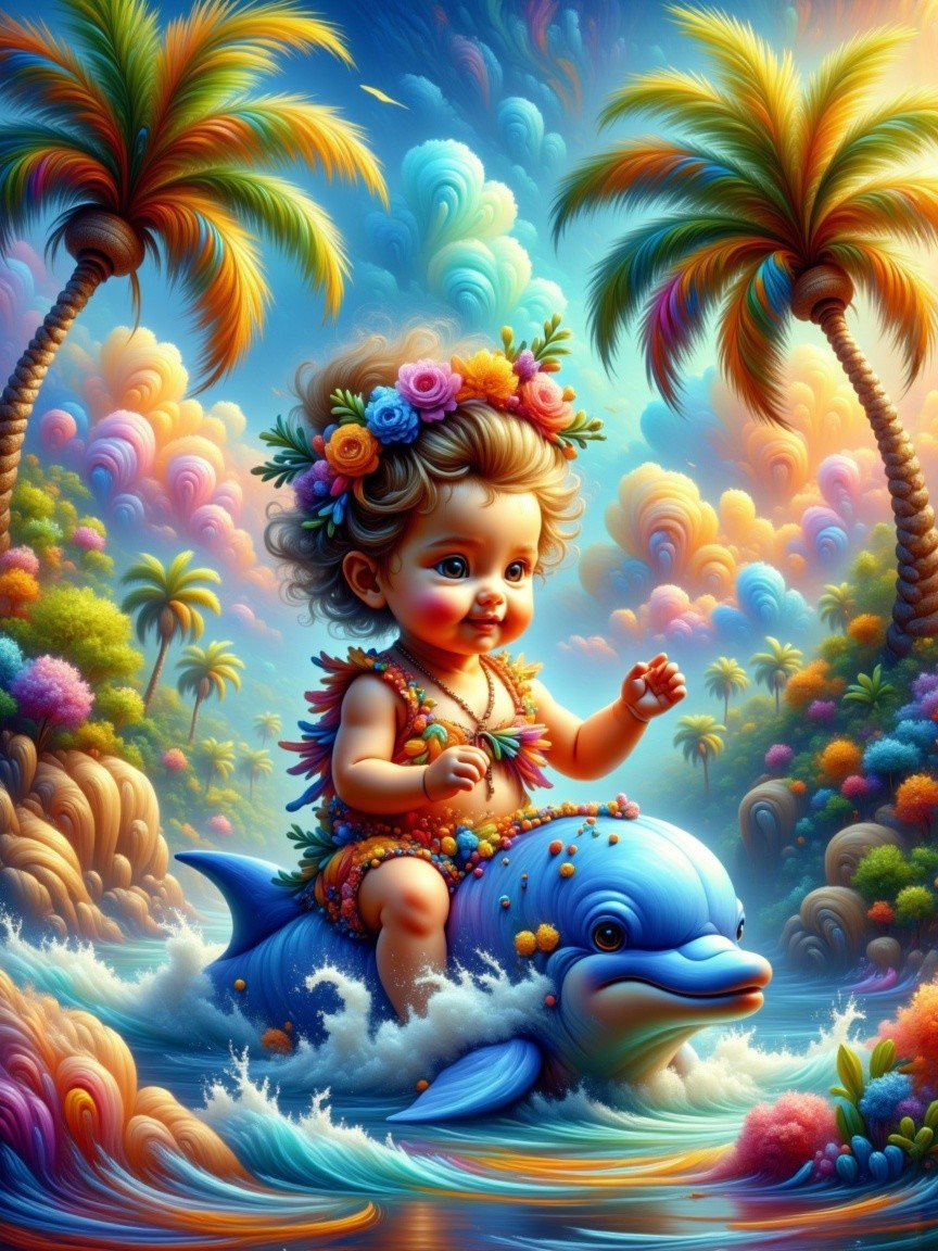 Joyful baby riding a dolphin in a tropical sea