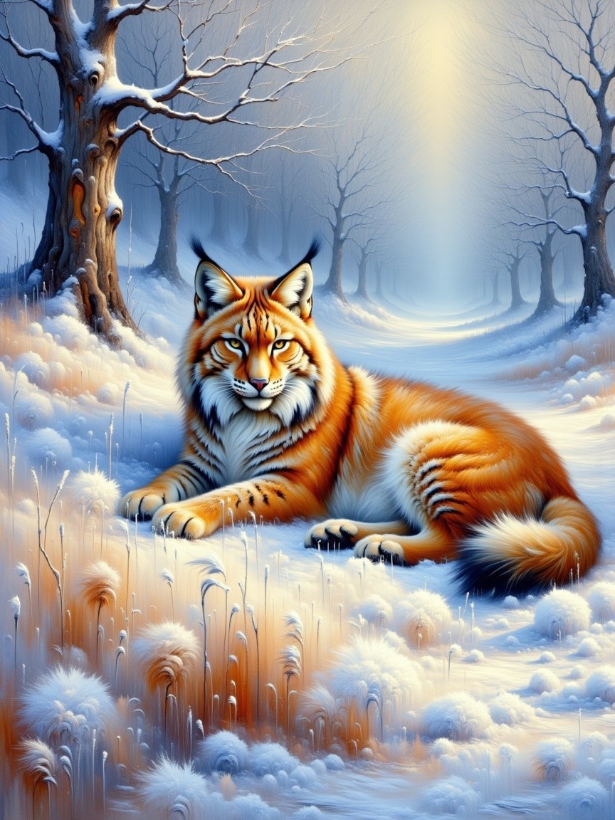 Lynx in Snowy Landscape with Barren Trees and Mist