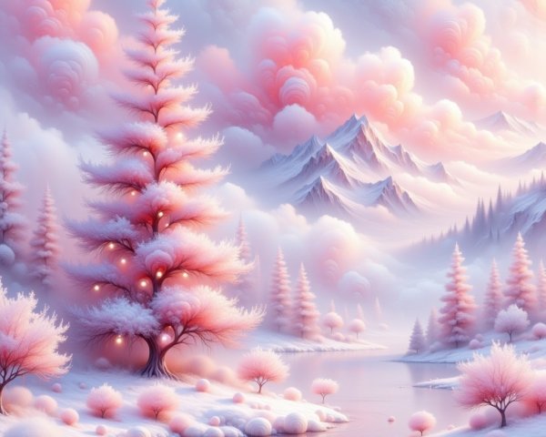 Ethereal Winter Landscape with Pink Pine Tree