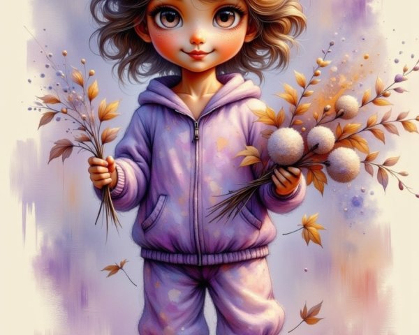 Cartoon Illustration of Girl with Dried Flower Bouquets