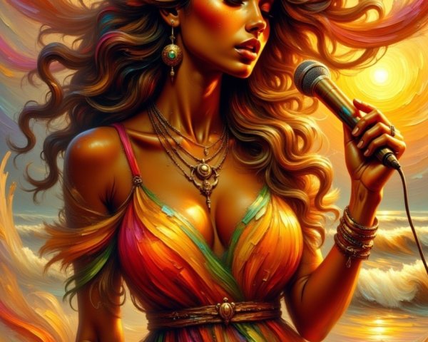 Graceful Woman with Microphone in Sunset Seascape
