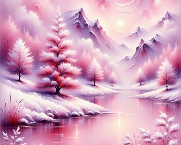 Dreamlike Winter Landscape with River and Snowy Mountains