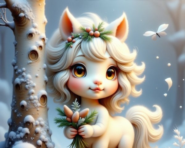 Whimsical Winter Scene with Pony and Snowflakes