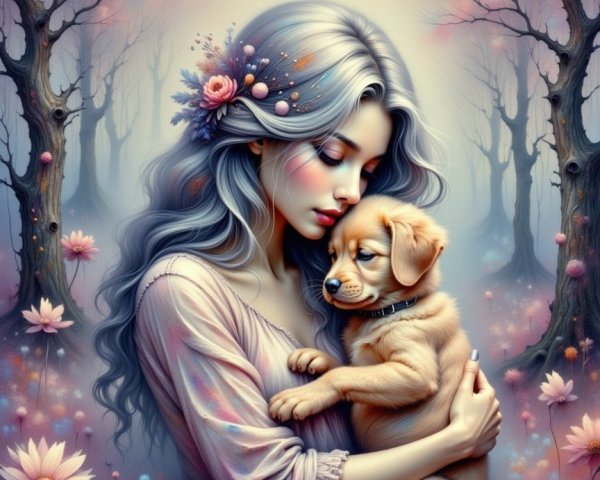 Serene Woman with Puppy in Enchanted Forest Scene