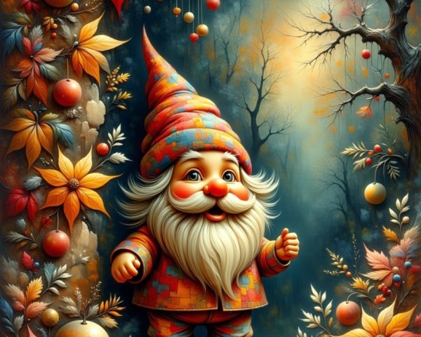 Whimsical Gnome in Vibrant Autumn Landscape