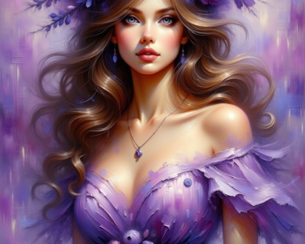 Woman in Lavender Dress with Floral Crown and Purple Background