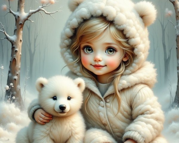 Winter Scene with Girl and Polar Bear Cub
