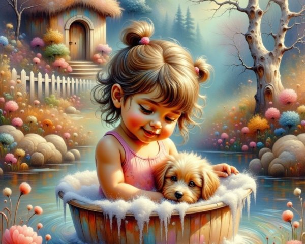 Joyful girl bathing puppy in a wooden tub outdoors