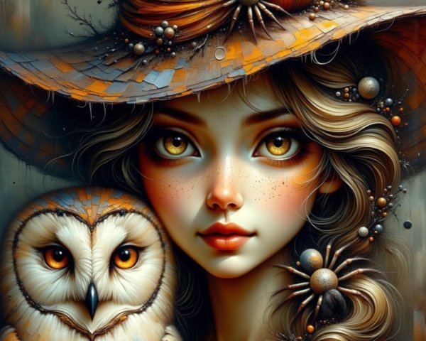 Whimsical Witch Hat with Autumn Leaves and Owl