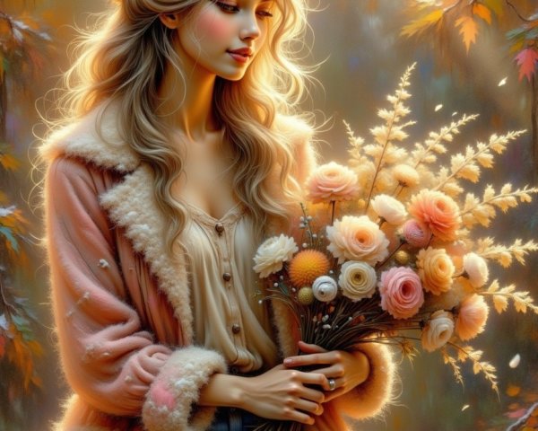 Young Woman in Autumn Setting with Flowers