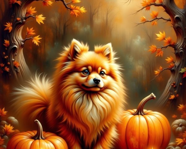 Fluffy Pomeranian in Vibrant Autumn Foliage Scene