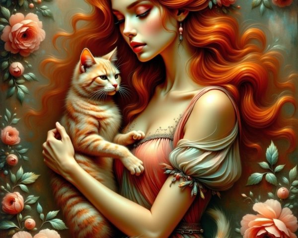 Young woman with red hair and orange tabby cat