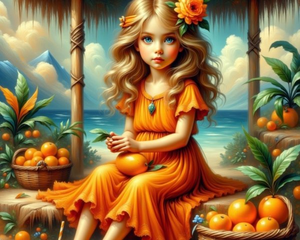 Young girl in orange dress under tropical hut