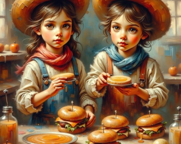 Children in Cowboy Hats in Rustic Kitchen Setting